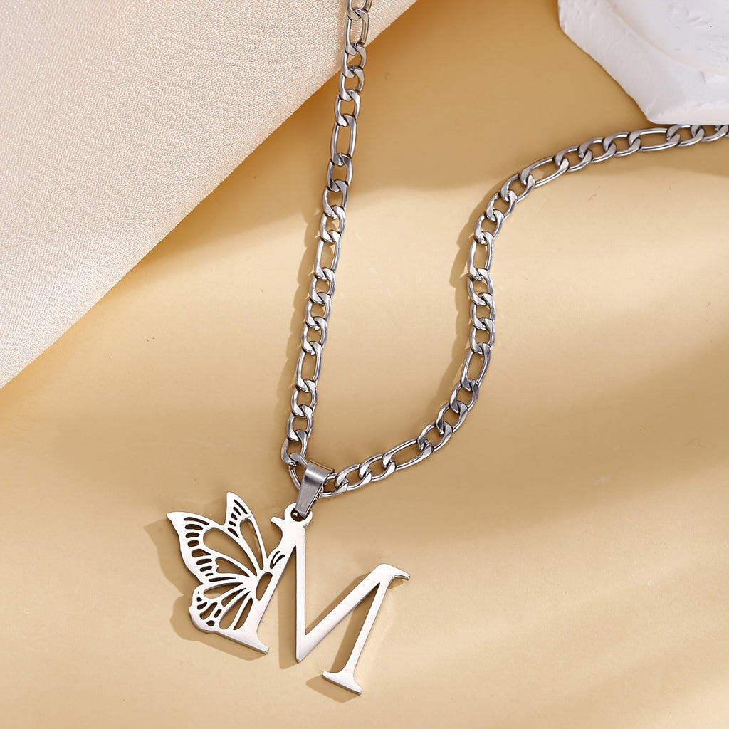 1pc Neutral Jewelry Men Women  Thick Stainless Steel NK Chain Initial Pendant Necklace A- Z 26 Letters Butterfly Necklace