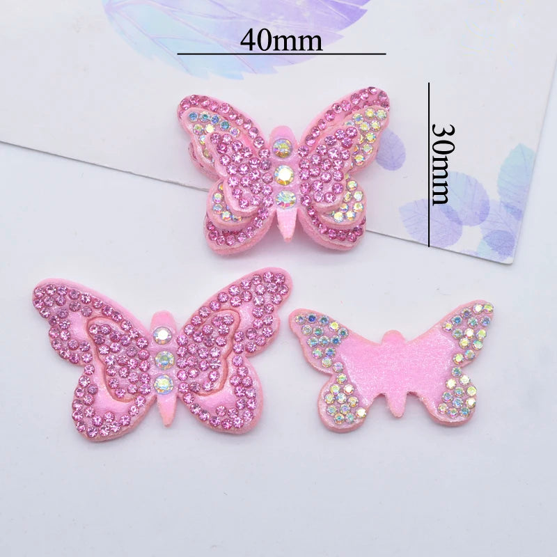 12Pcs 40mm Colorful 2 Size Butterfly Set for Bag Clothing Applique Rhinestone Stick-on Hairband Garment Accessories Patch