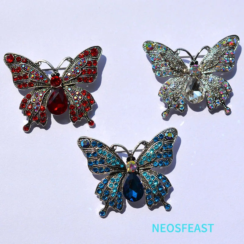 Elegance Crystal Pin Fashion Jewelry Blue Color Rhinestone Butterfly Brooches For Women Rhodium Plated Corsage Ladies Garments