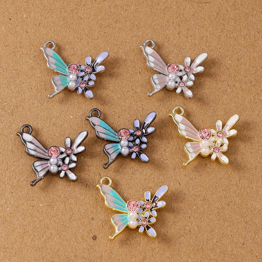 5pcs 22*24mm Cute Crystal Pearl Butterfly Charms Pendant for Jewelry Making Earrings Necklace Bracelet DIY Handmade Accessories