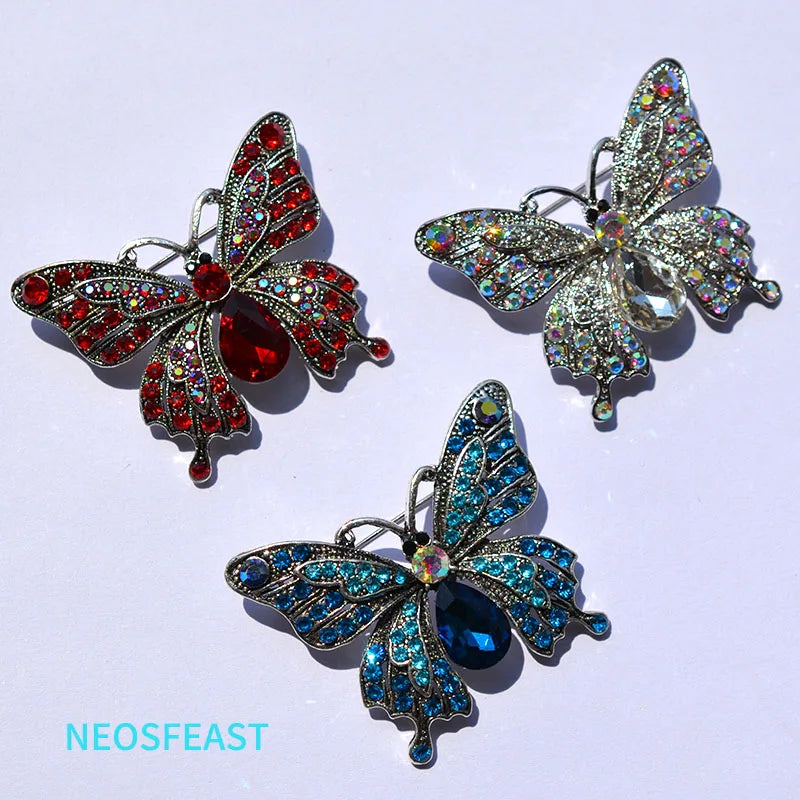 Elegance Crystal Pin Fashion Jewelry Blue Color Rhinestone Butterfly Brooches For Women Rhodium Plated Corsage Ladies Garments