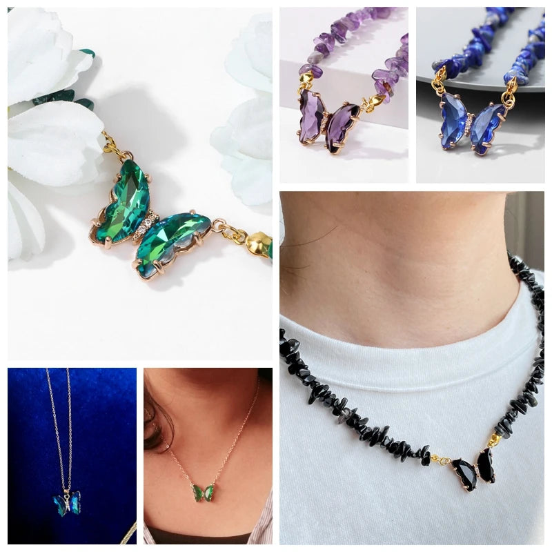5pcs/lot Fashion Colorful Crystal Butterfly Pendant Glass Gradient Charms For Korean Women Necklace Choker Jewelry Accessories