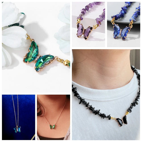 5pcs/lot Fashion Colorful Crystal Butterfly Pendant Glass Gradient Charms For Korean Women Necklace Choker Jewelry Accessories