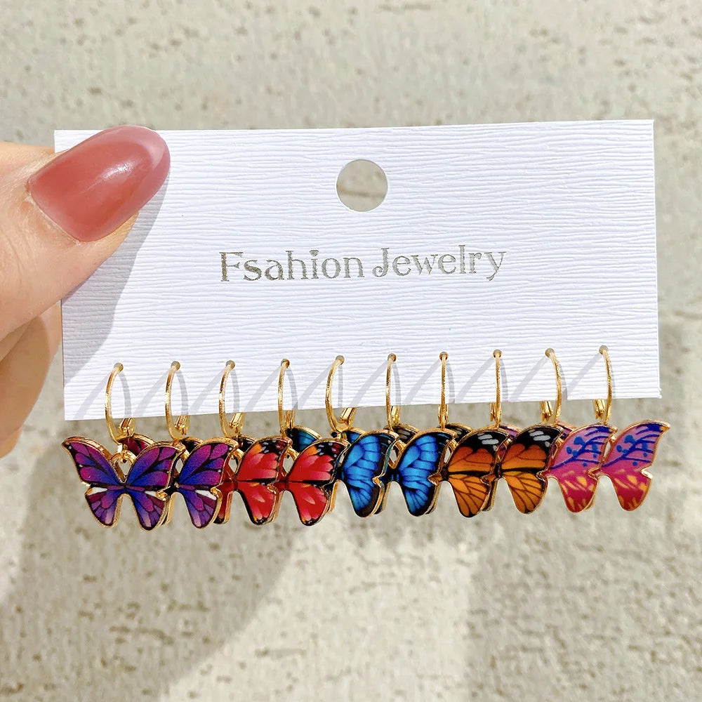 10Pcs/Set Drop Oil Colorful Butterfly Dangle Earrings Set for Women Vintage Metal Gold Plated Heart Hoop Earring Fashion Jewelry